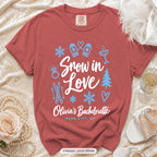 Crimson Snow In Love bachelorette crew t-shirt, print in white