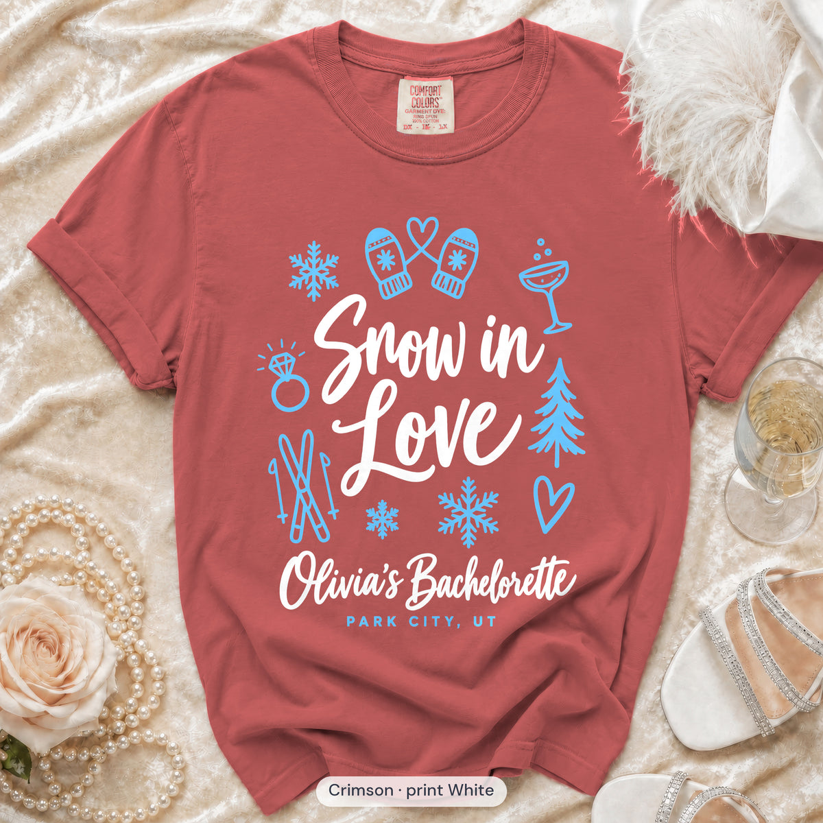 Crimson Snow In Love bachelorette crew t-shirt, print in white