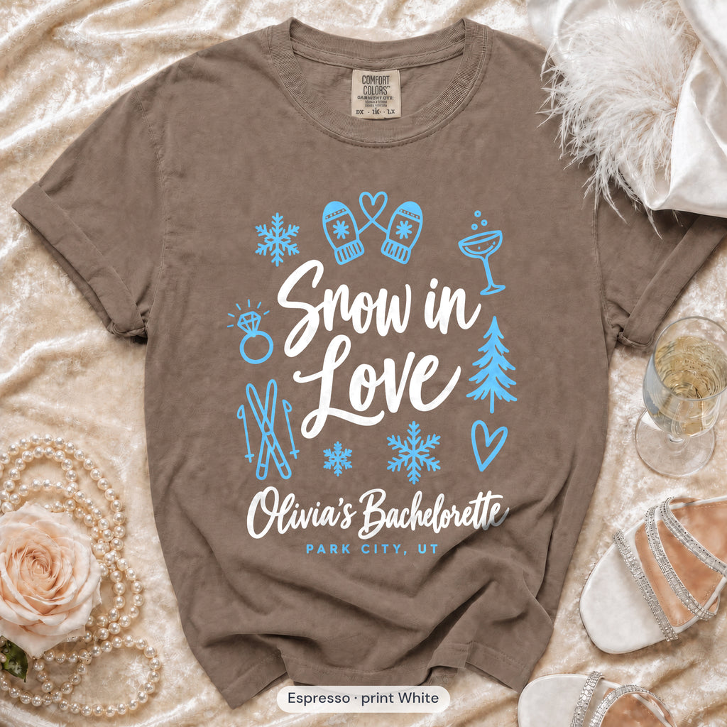Espresso Snow In Love bachelorette crew t-shirt, print in white