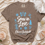 Espresso Snow In Love bachelorette crew t-shirt, print in white