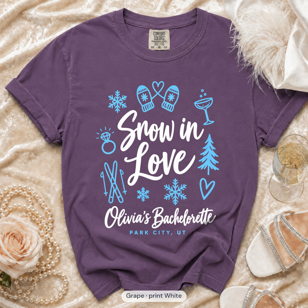 Grape Snow In Love bachelorette crew t-shirt, print in white