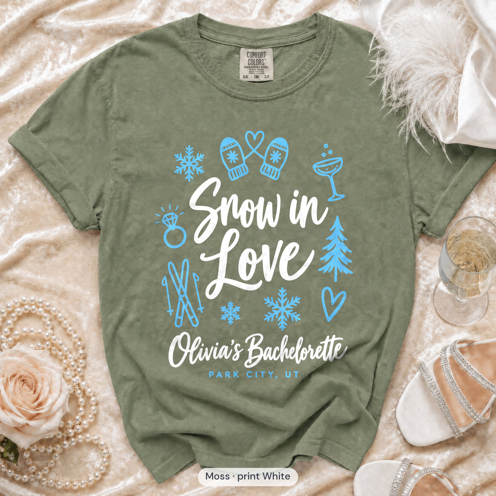 Moss Snow In Love bachelorette crew t-shirt, print in white