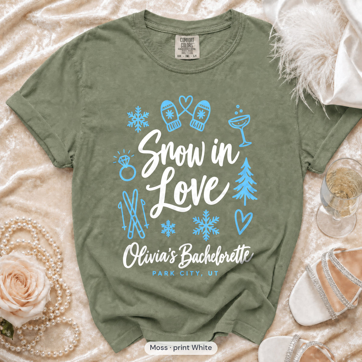 Moss Snow In Love bachelorette crew t-shirt, print in white