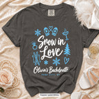 Pepper Snow In Love bachelorette crew t-shirt, print in white