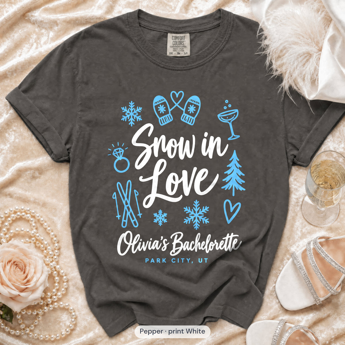 Pepper Snow In Love bachelorette crew t-shirt, print in white
