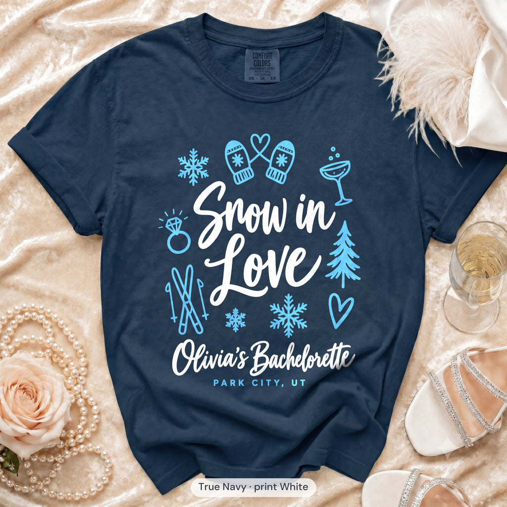 True Navy Snow In Love bachelorette crew t-shirt, print in white
