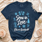 True Navy Snow In Love bachelorette crew t-shirt, print in white