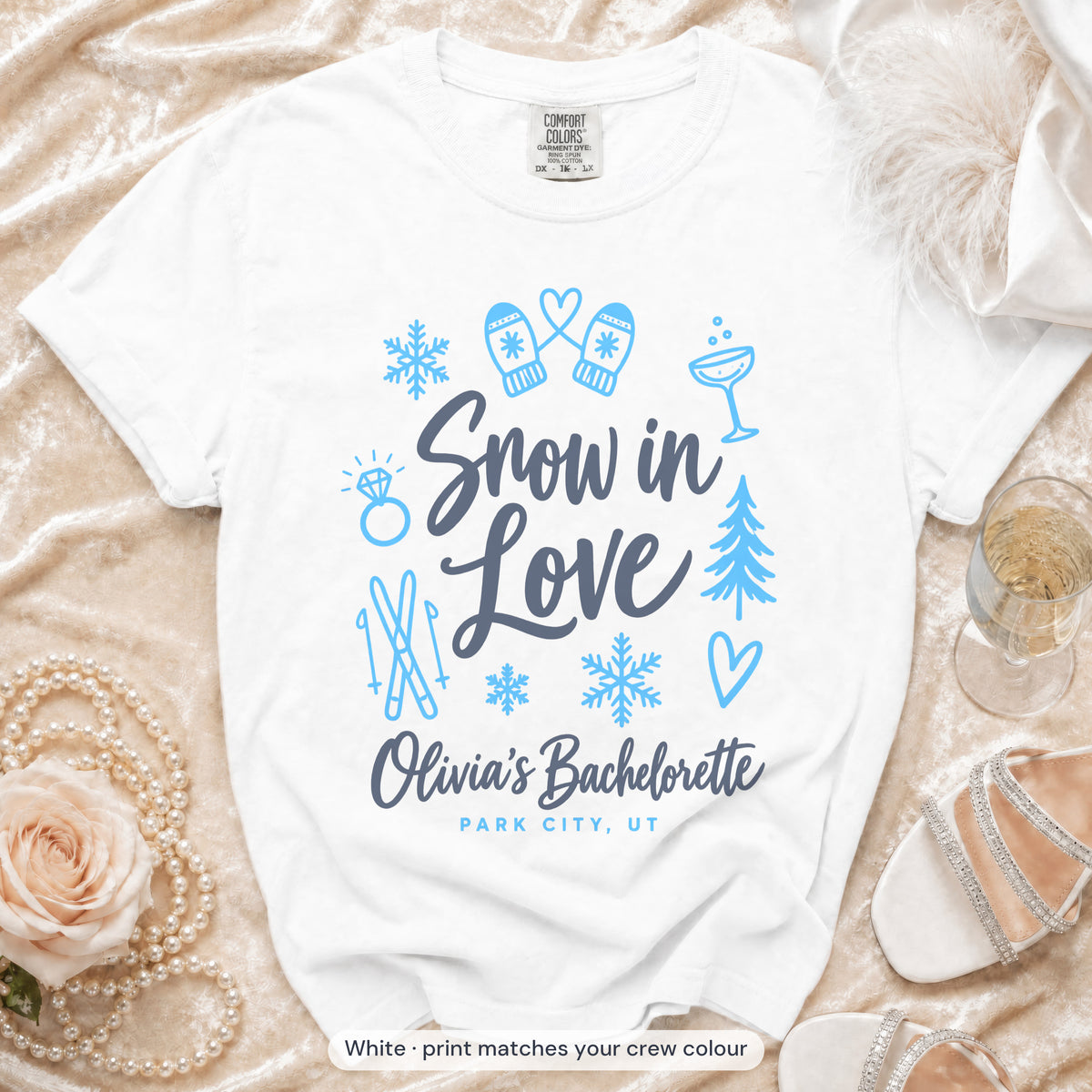 White Snow In Love bride t-shirt, print matches your crew colour