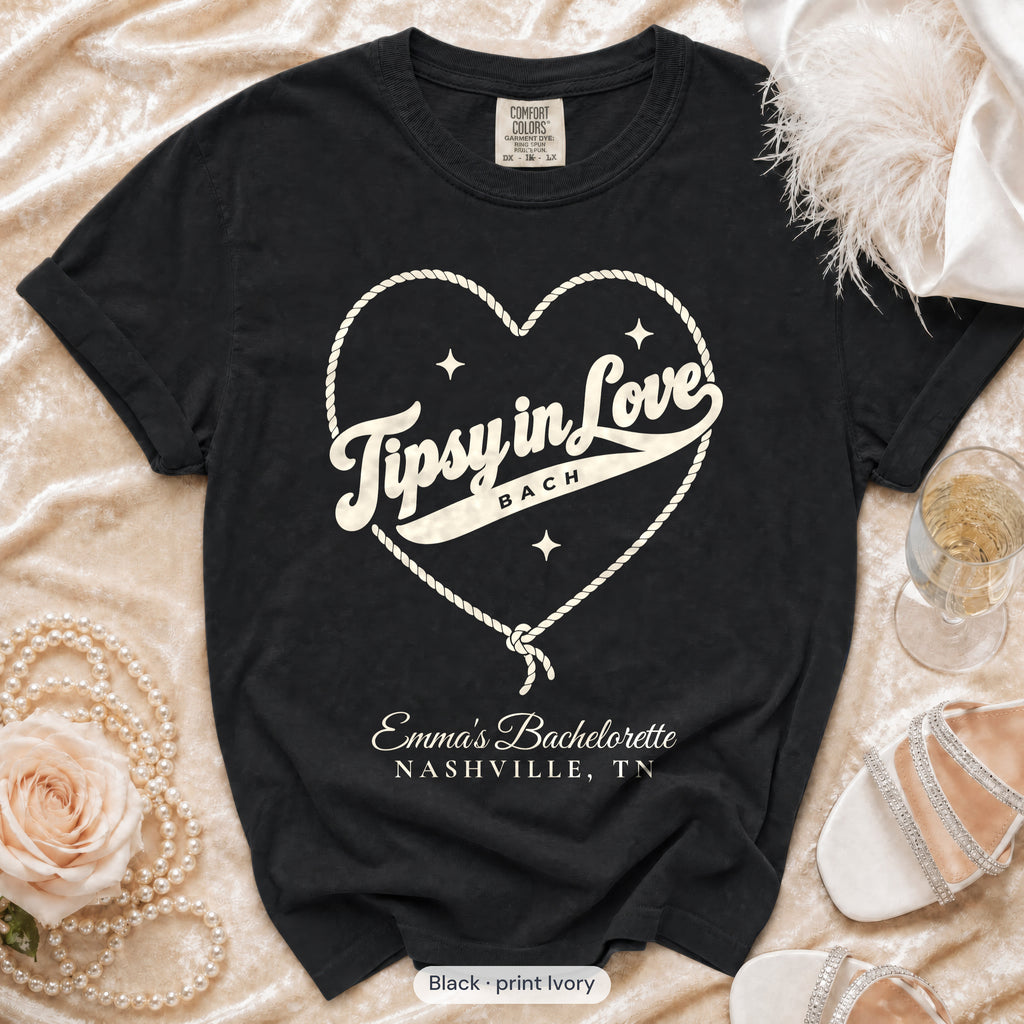Black Tipsy In Love bachelorette crew t-shirt, print in ivory