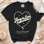 Black Tipsy In Love bachelorette crew t-shirt, print in ivory