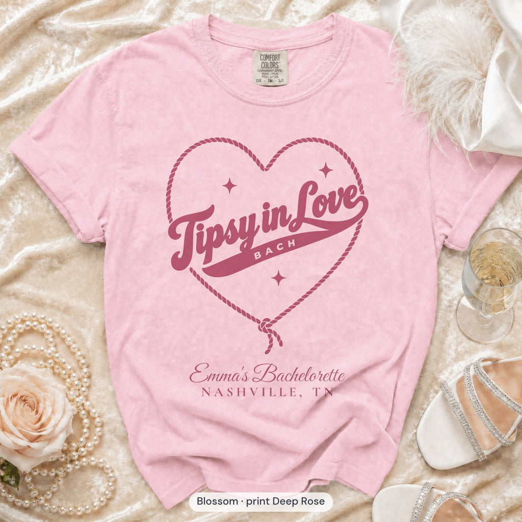 Blossom Tipsy In Love bachelorette crew t-shirt, print in deep rose
