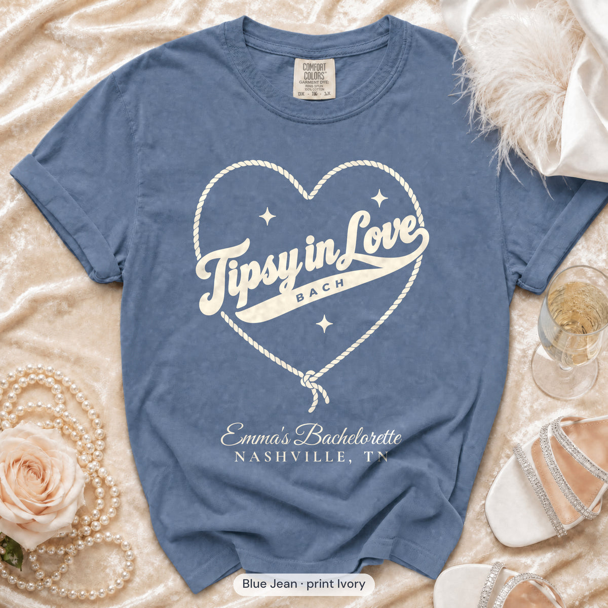Blue Jean Tipsy In Love bachelorette crew t-shirt, print in ivory