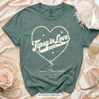Blue Spruce Tipsy In Love bachelorette crew t-shirt, print in ivory