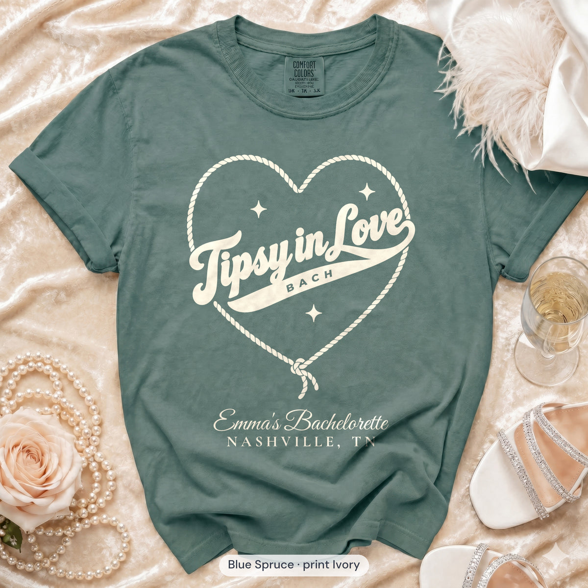 Blue Spruce Tipsy In Love bachelorette crew t-shirt, print in ivory