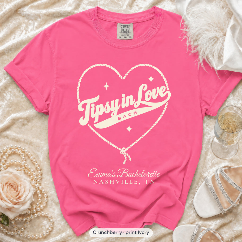 Crunchberry Tipsy In Love bachelorette crew t-shirt, print in ivory