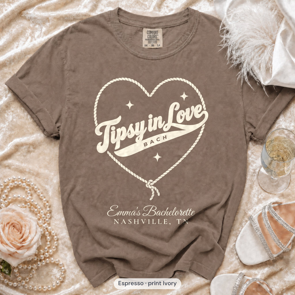 Espresso Tipsy In Love bachelorette crew t-shirt, print in ivory