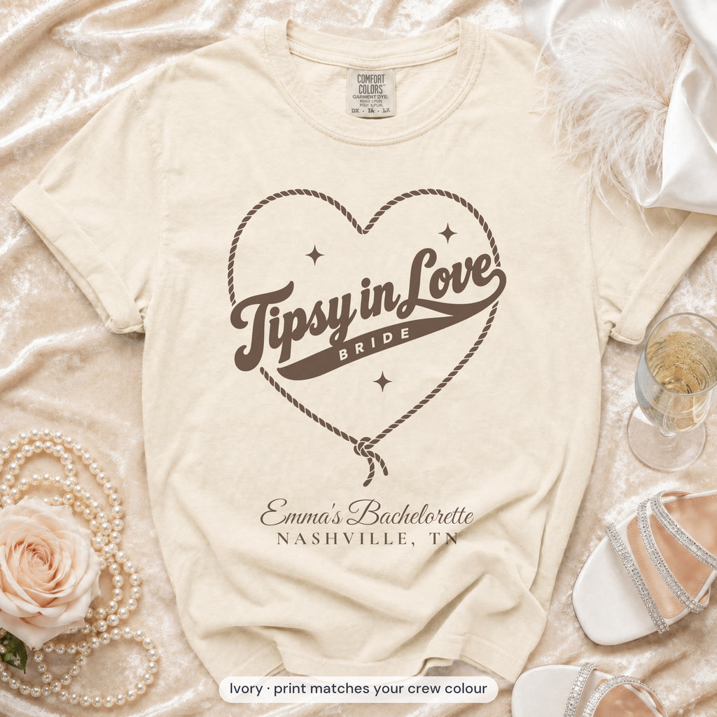 Ivory Tipsy In Love bride t-shirt, print matches your crew colour