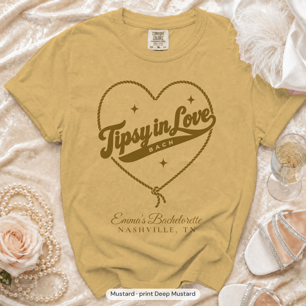 Mustard Tipsy In Love bachelorette crew t-shirt, print in deep mustard