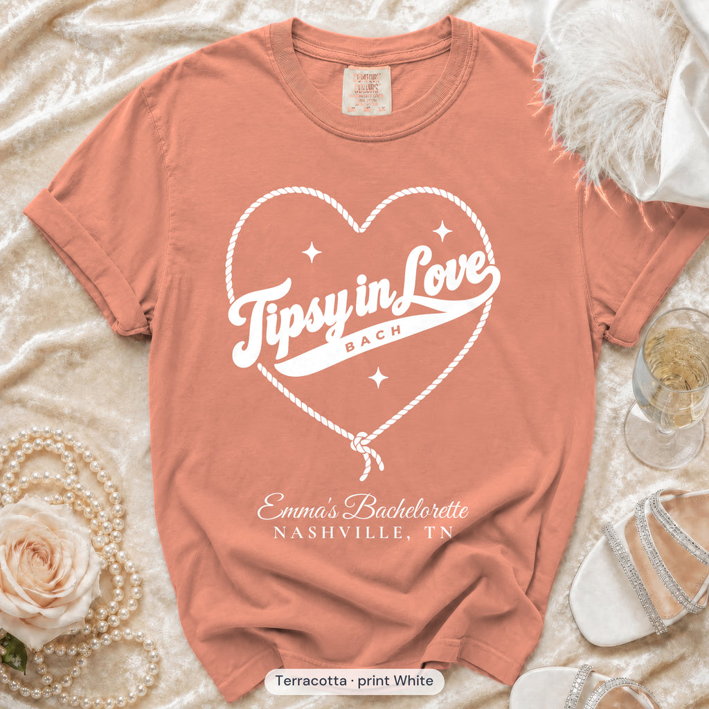 Terracotta Tipsy In Love bachelorette crew t-shirt, print in white