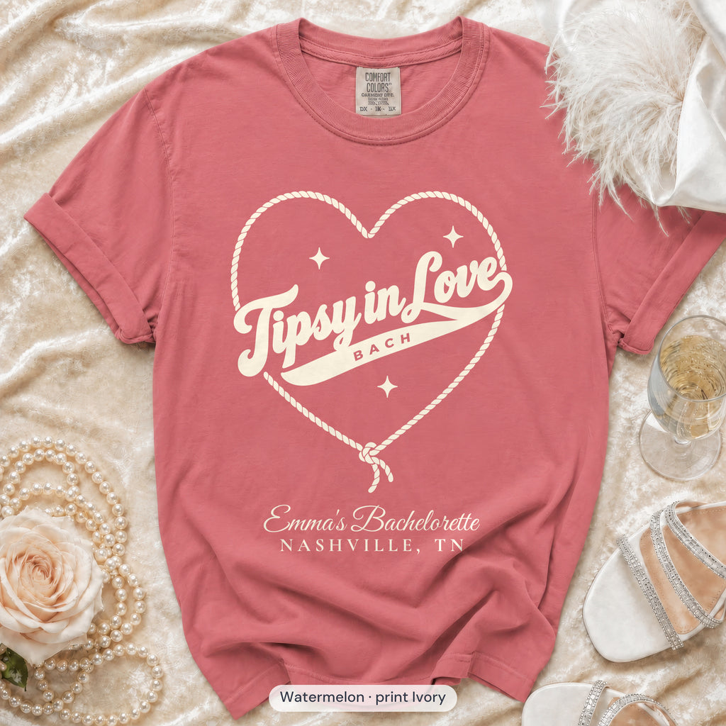 Watermelon Tipsy In Love bachelorette crew t-shirt, print in ivory