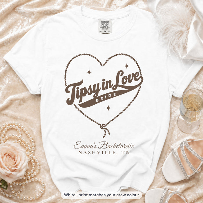 White Tipsy In Love bride t-shirt, print matches your crew colour
