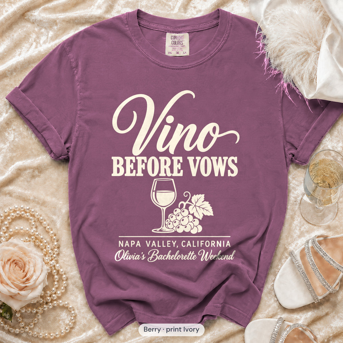 Berry Vino Before Vows bachelorette crew t-shirt, print in ivory