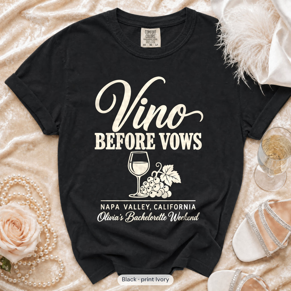 Black Vino Before Vows bachelorette crew t-shirt, print in ivory