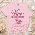 Blossom Vino Before Vows bachelorette crew t-shirt, print in deep rose