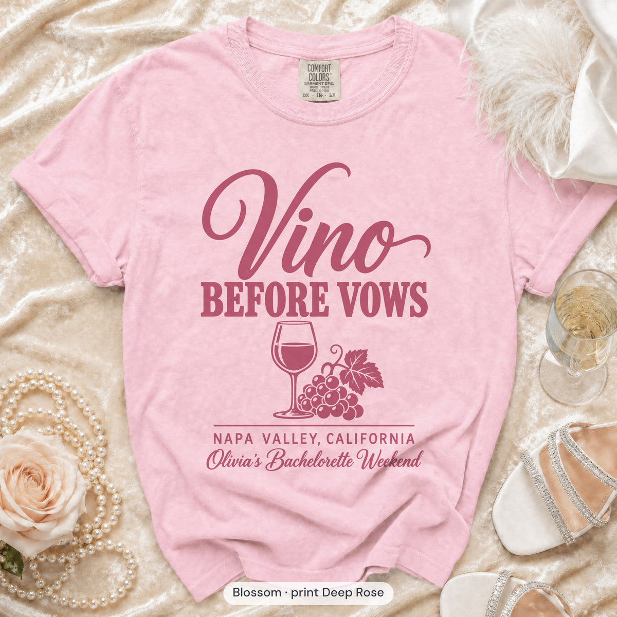 Blossom Vino Before Vows bachelorette crew t-shirt, print in deep rose