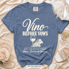 Blue Jean Vino Before Vows bachelorette crew t-shirt, print in ivory