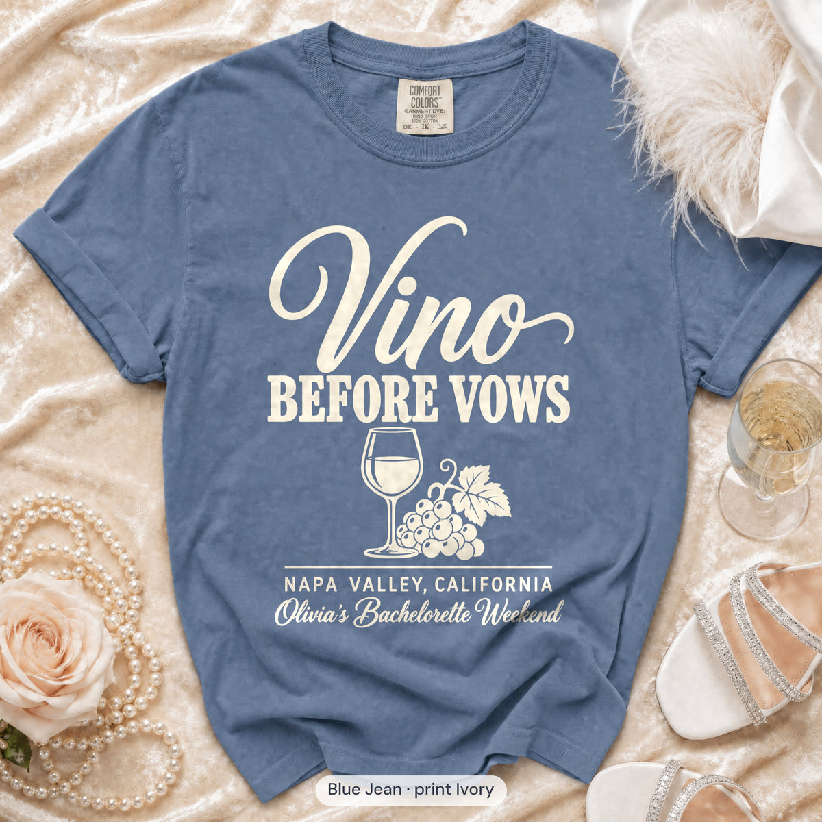 Blue Jean Vino Before Vows bachelorette crew t-shirt, print in ivory