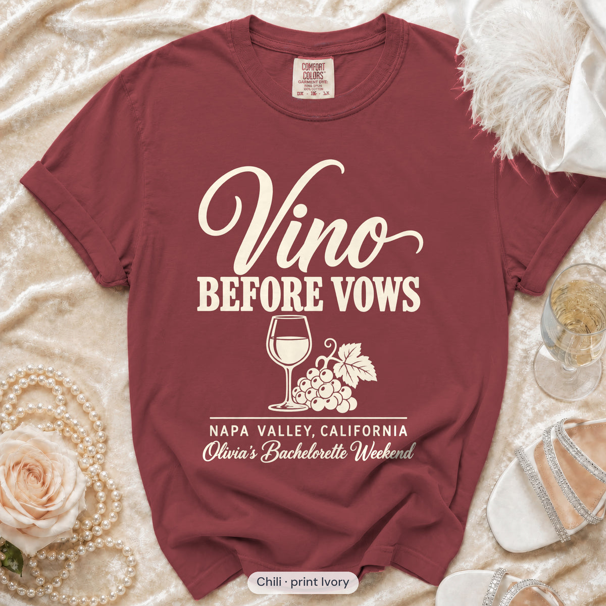 Chili Vino Before Vows bachelorette crew t-shirt, print in ivory