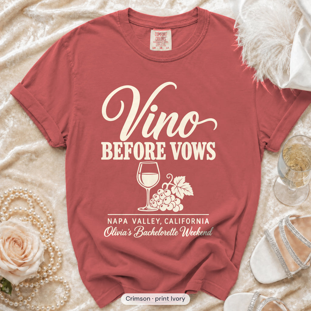 Crimson Vino Before Vows bachelorette crew t-shirt, print in ivory