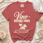 Crimson Vino Before Vows bachelorette crew t-shirt, print in ivory