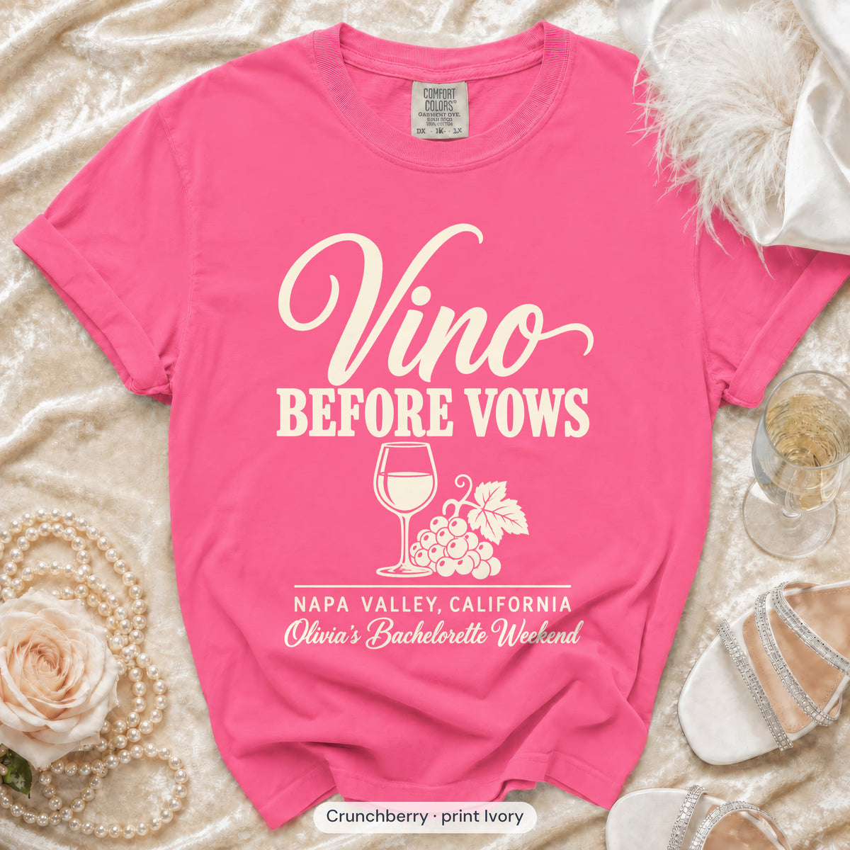 Crunchberry Vino Before Vows bachelorette crew t-shirt, print in ivory