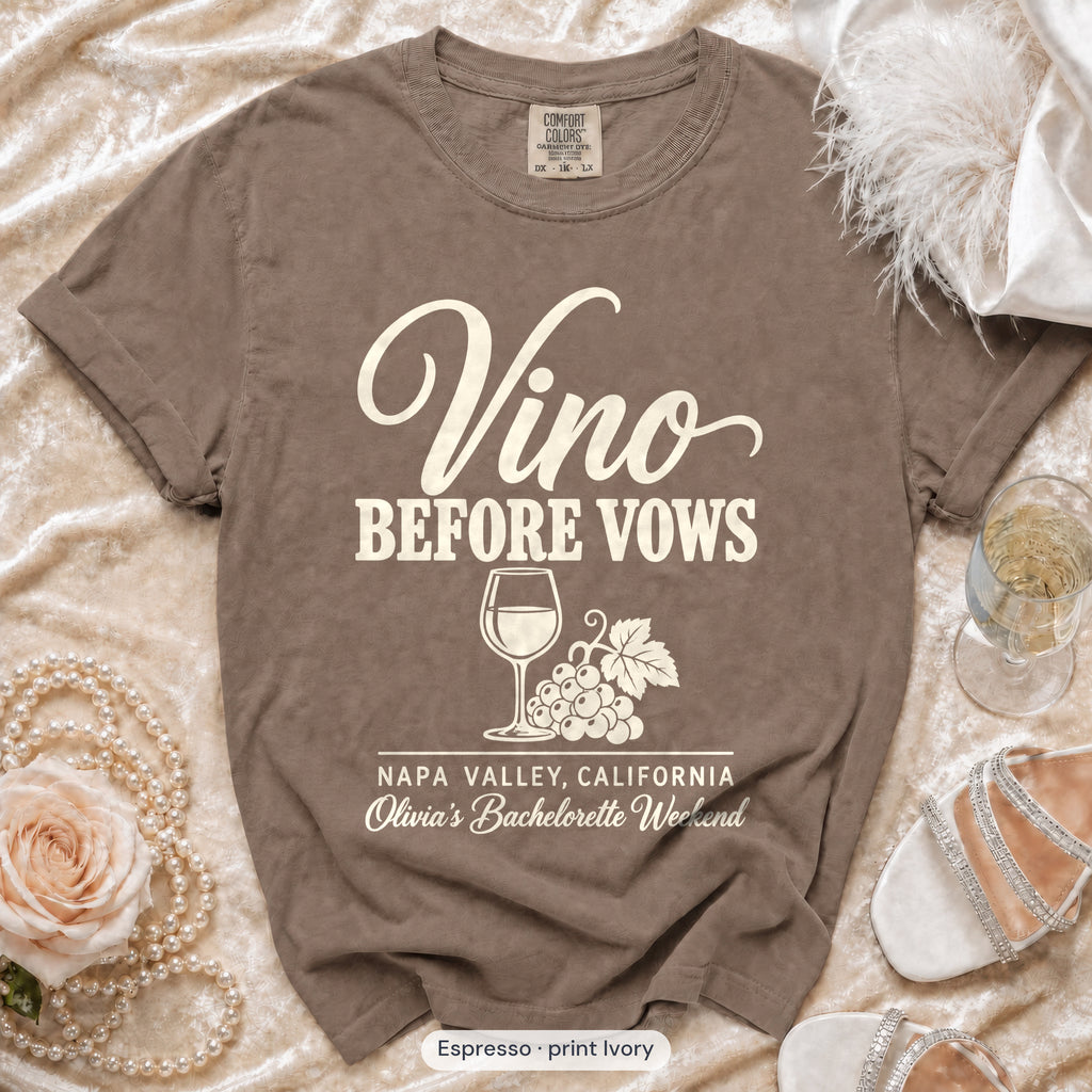 Espresso Vino Before Vows bachelorette crew t-shirt, print in ivory