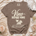 Espresso Vino Before Vows bachelorette crew t-shirt, print in ivory
