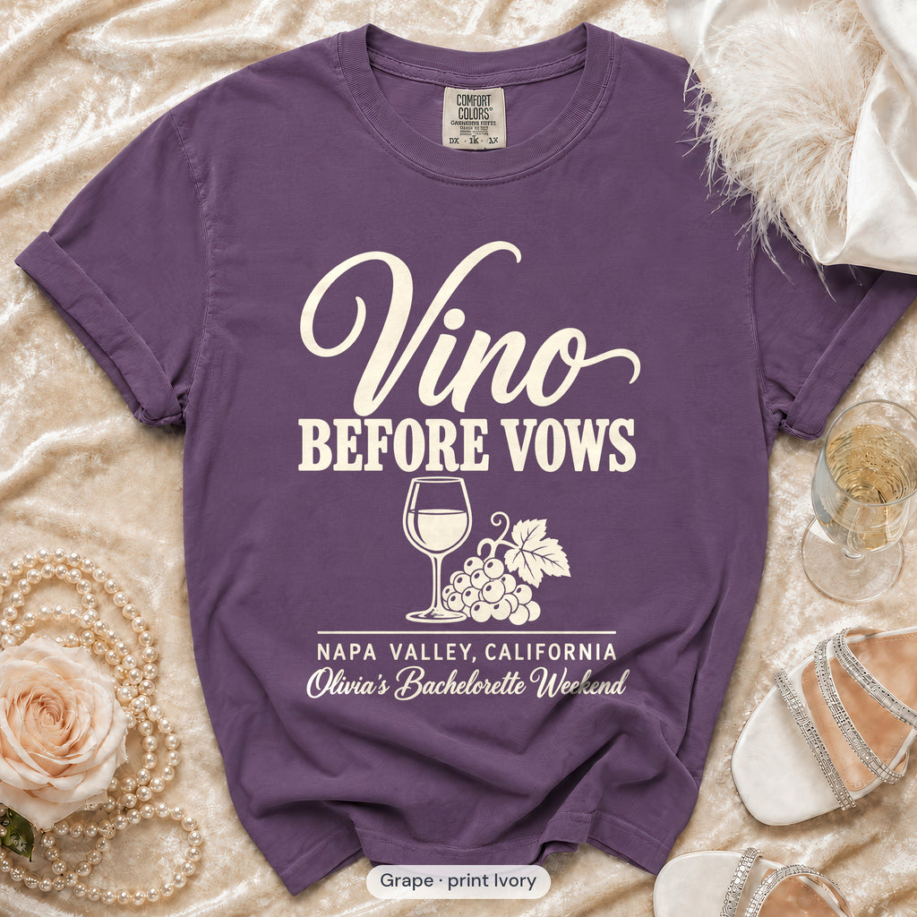 Grape Vino Before Vows bachelorette crew t-shirt, print in ivory