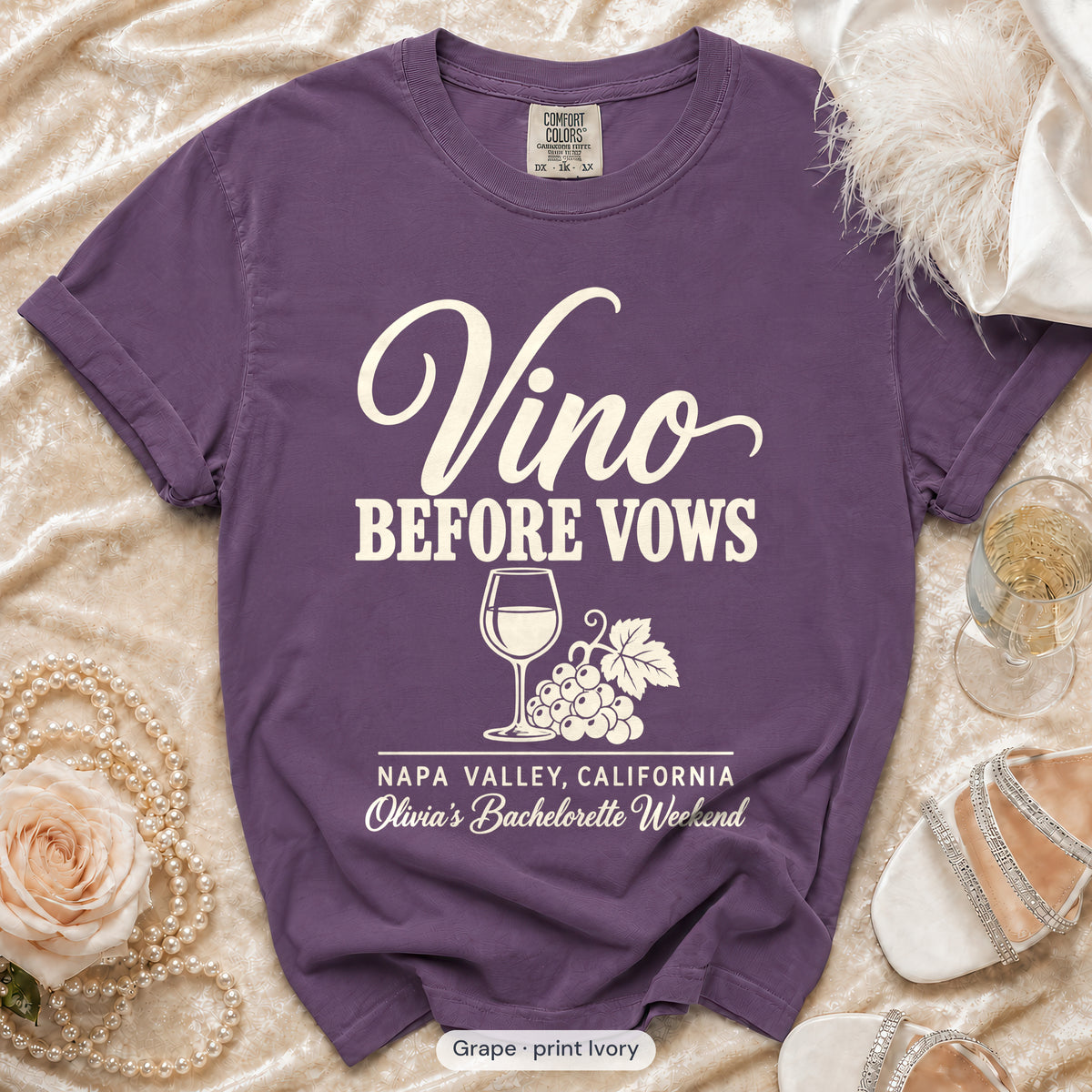 Grape Vino Before Vows bachelorette crew t-shirt, print in ivory