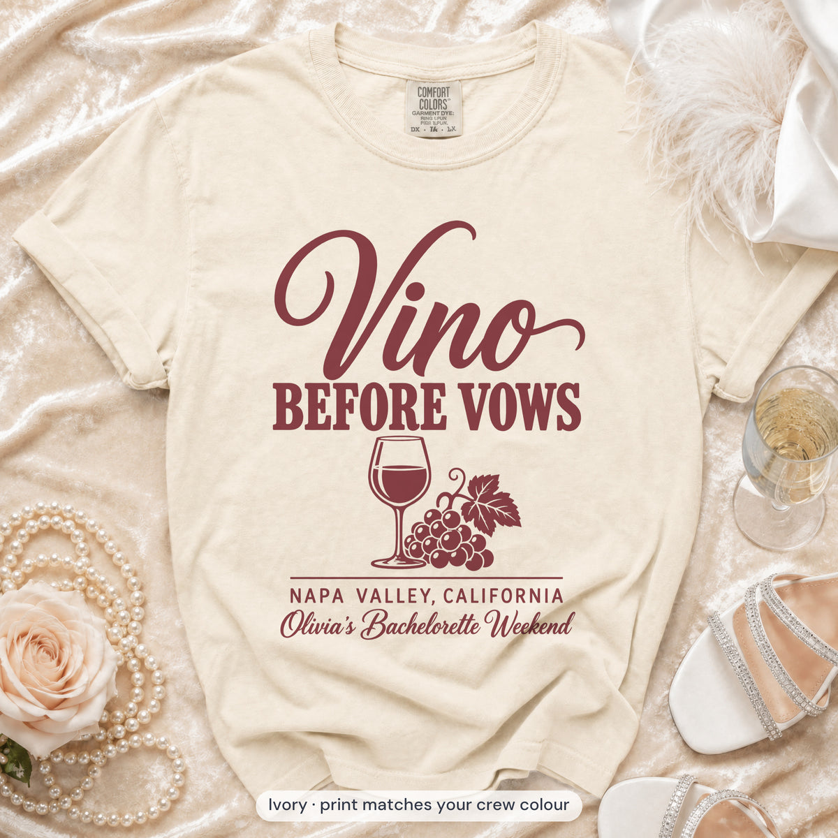 Ivory Vino Before Vows bride t-shirt, print matches your crew colour
