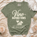 Moss Vino Before Vows bachelorette crew t-shirt, print in ivory