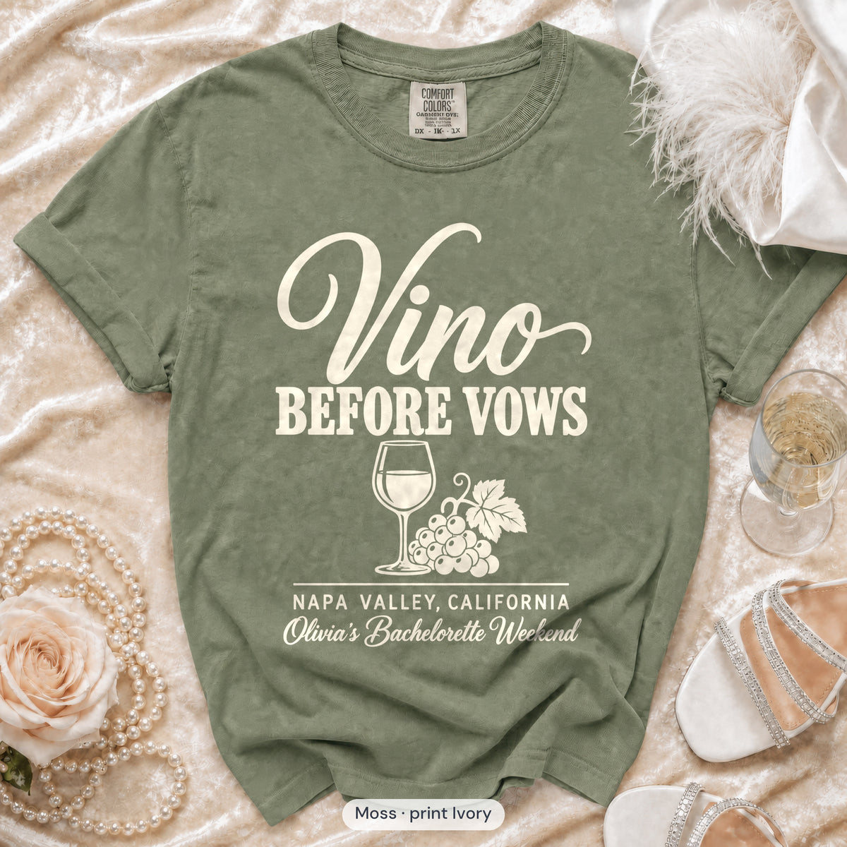 Moss Vino Before Vows bachelorette crew t-shirt, print in ivory
