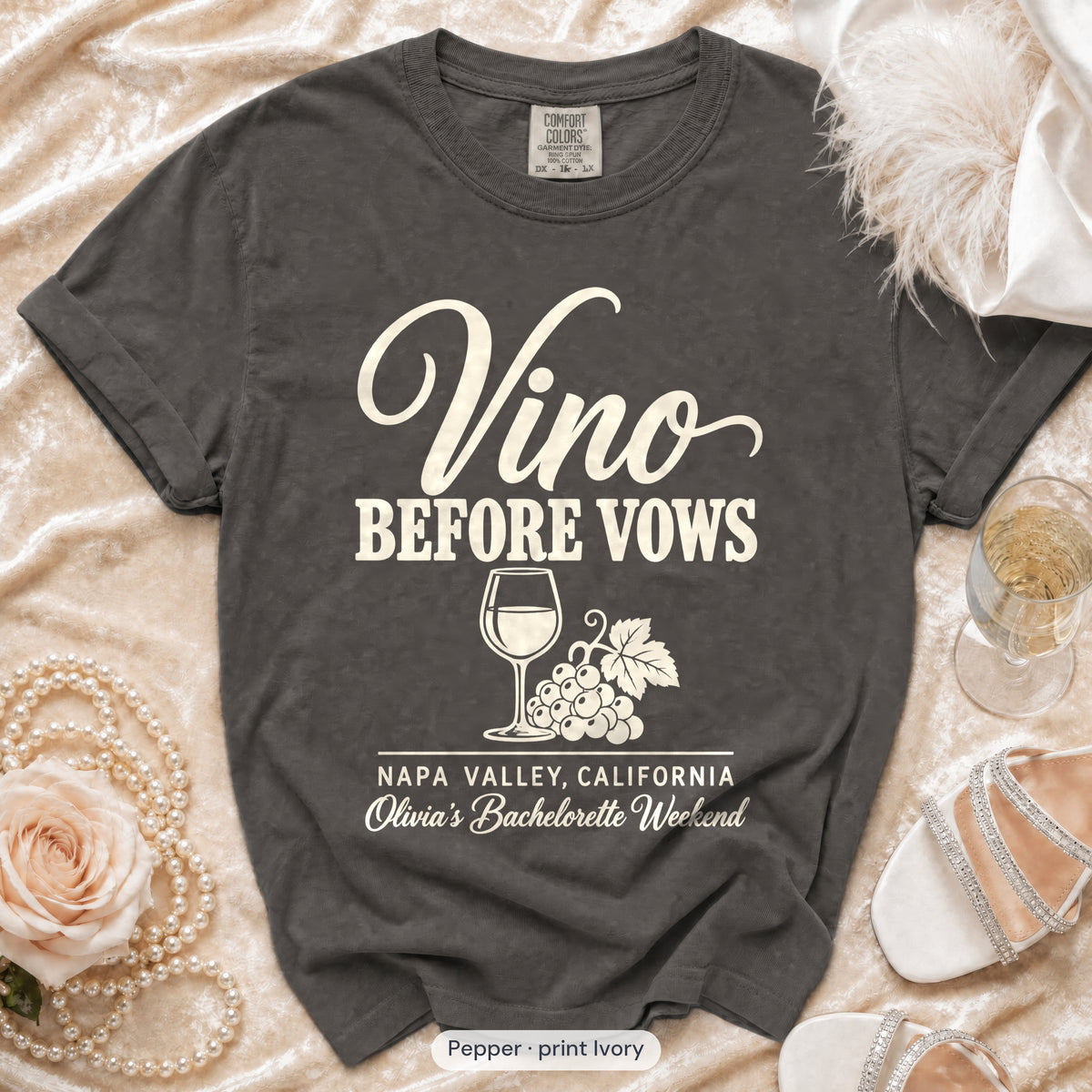 Pepper Vino Before Vows bachelorette crew t-shirt, print in ivory