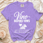 Violet Vino Before Vows bachelorette crew t-shirt, print in white
