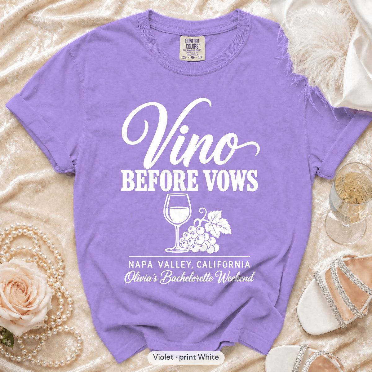Violet Vino Before Vows bachelorette crew t-shirt, print in white
