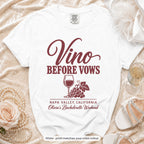 White Vino Before Vows bride t-shirt, print matches your crew colour