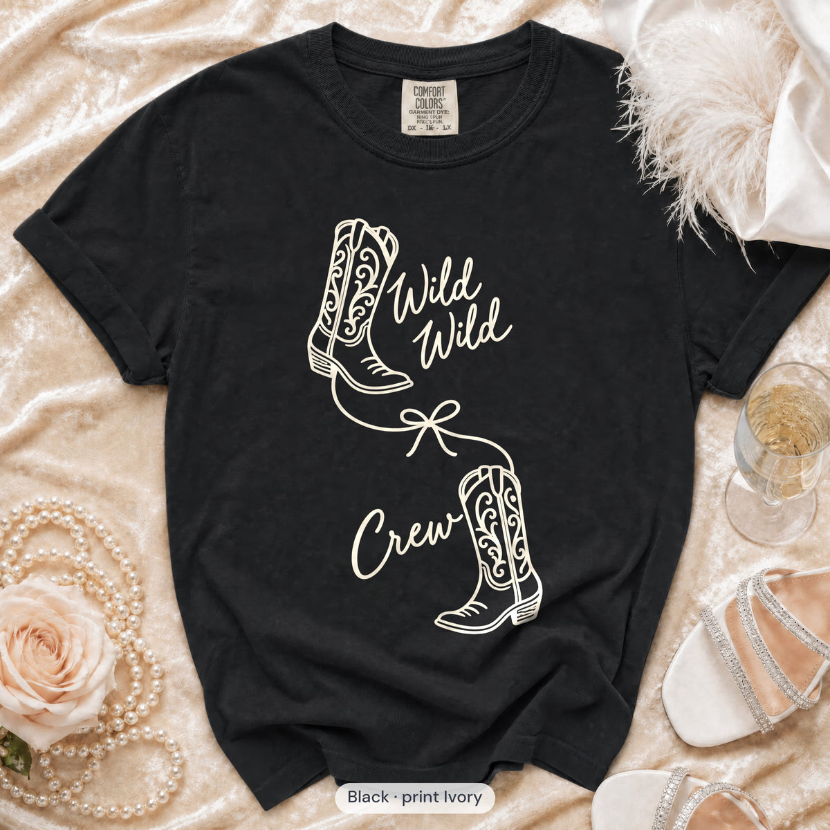Black Wild Wild Wife & Wild Wild Crew bachelorette crew t-shirt, print in ivory