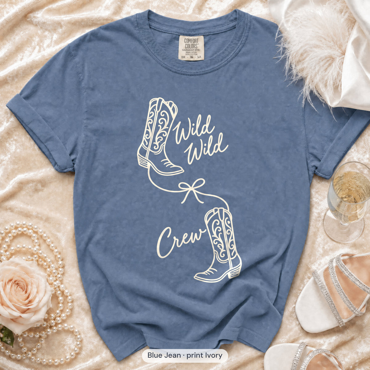 Blue Jean Wild Wild Wife & Wild Wild Crew bachelorette crew t-shirt, print in ivory