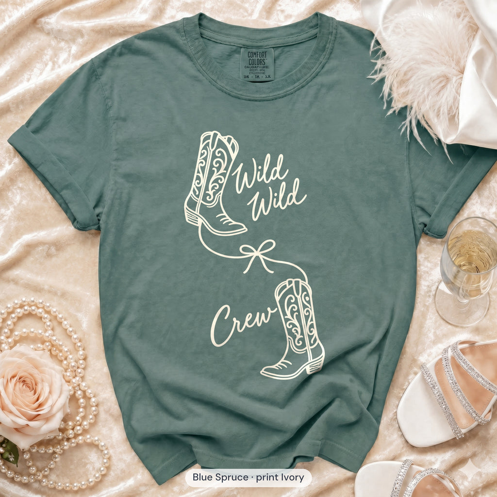 Blue Spruce Wild Wild Wife & Wild Wild Crew bachelorette crew t-shirt, print in ivory