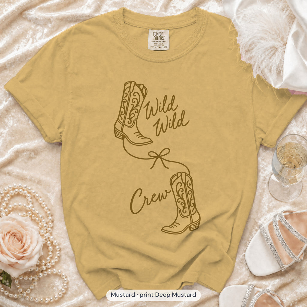 Mustard Wild Wild Wife & Wild Wild Crew bachelorette crew t-shirt, print in deep mustard